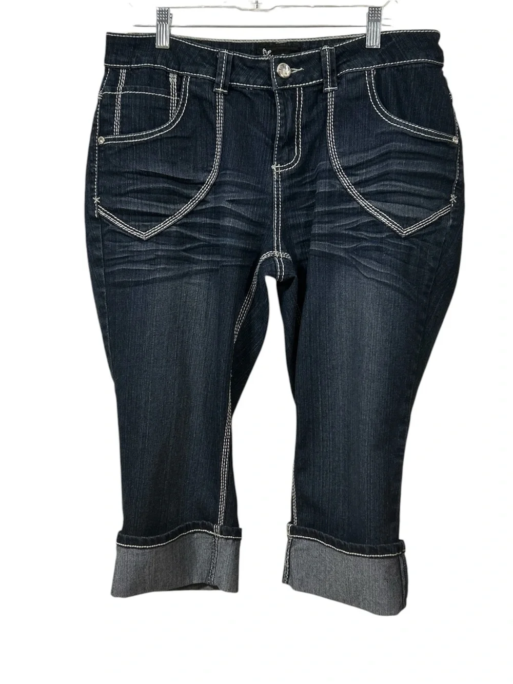 EightyEight Dark Blue Cropped Capri Jeans Contrast Stitching Cotton Spandex Sz16